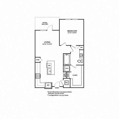 Floor plan for 1 bed, 1 bath, 780 sqft